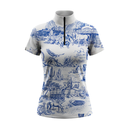 White background studio flat lay product shot of full off-white vintage blue western wild west desert cactus eagle horse cowboy toile de jouy all-over print short sleeve quarter-zip riding top