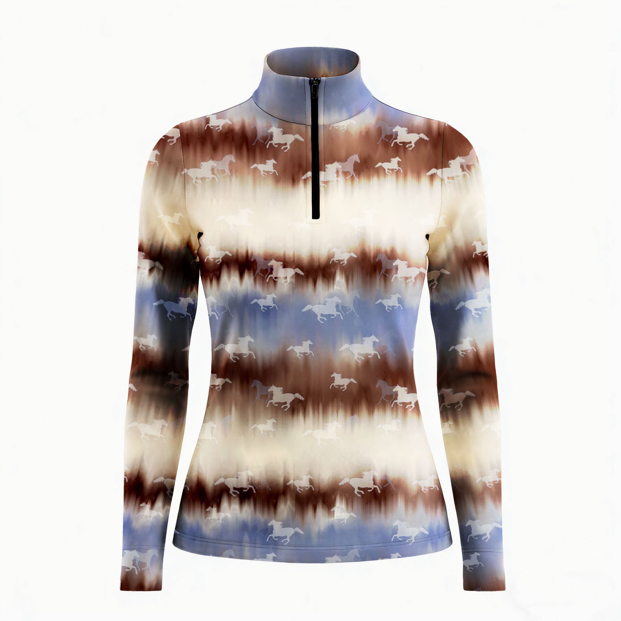 Smiling model sitting on weathered wooden ranch fence bench wearing muted western tie-dye horse silhouette long sleeve riding top in golden pasture light
