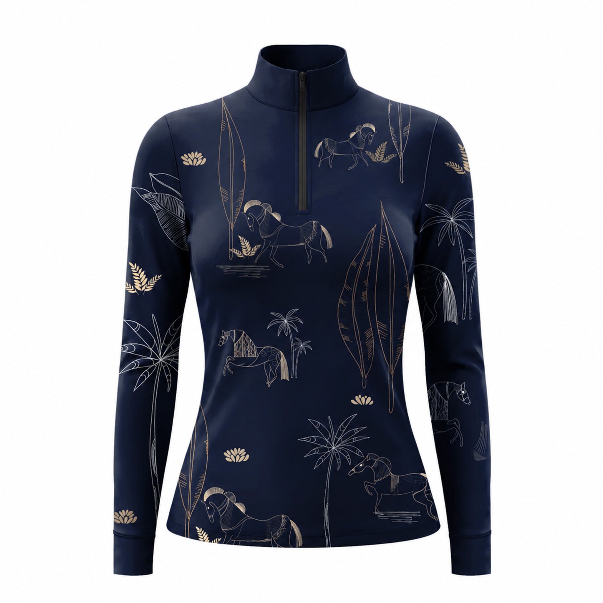 Close-up of model wearing navy whimsical horse riding top against a textured wall