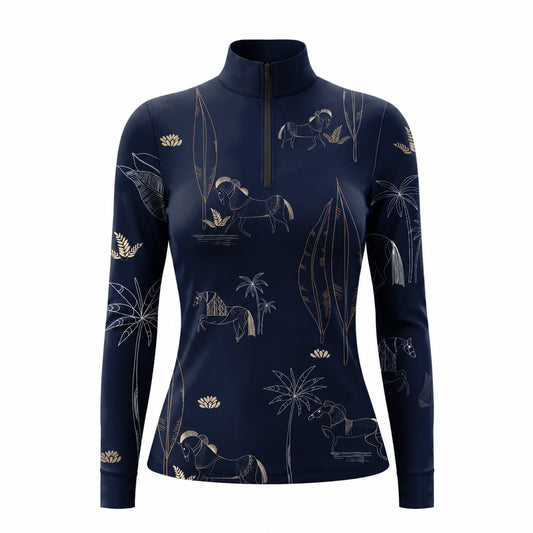 Close-up of model wearing navy whimsical horse riding top against a textured wall