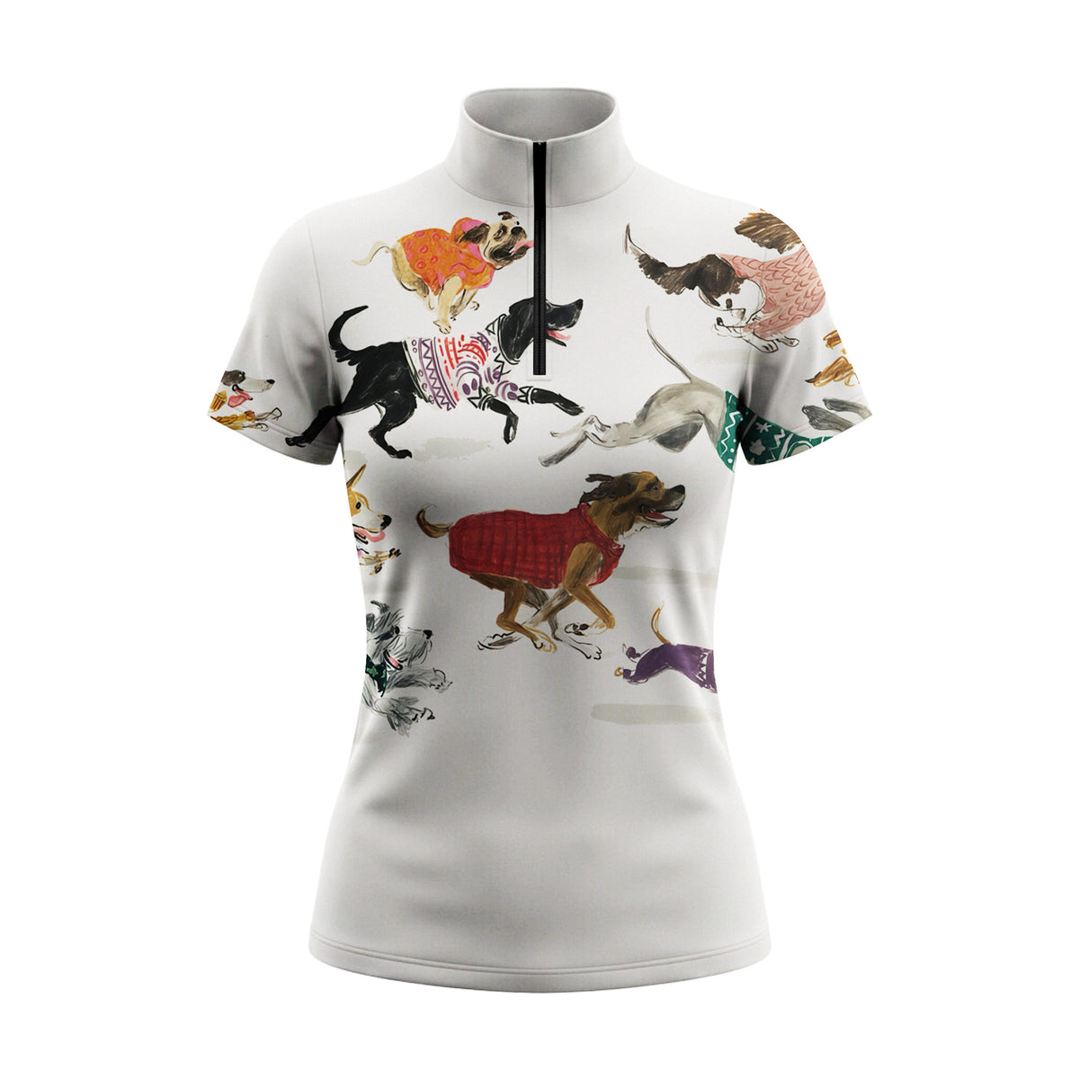 Side model shot leaning on white wooden pasture fence wearing off-white dog lover knit sweater puppy short sleeve riding top in sunlit green grass field
