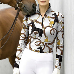 Model wearing crisp white leather bit black horse luxury riding top at outdoor equestrian show jumping arena with spectator stands
