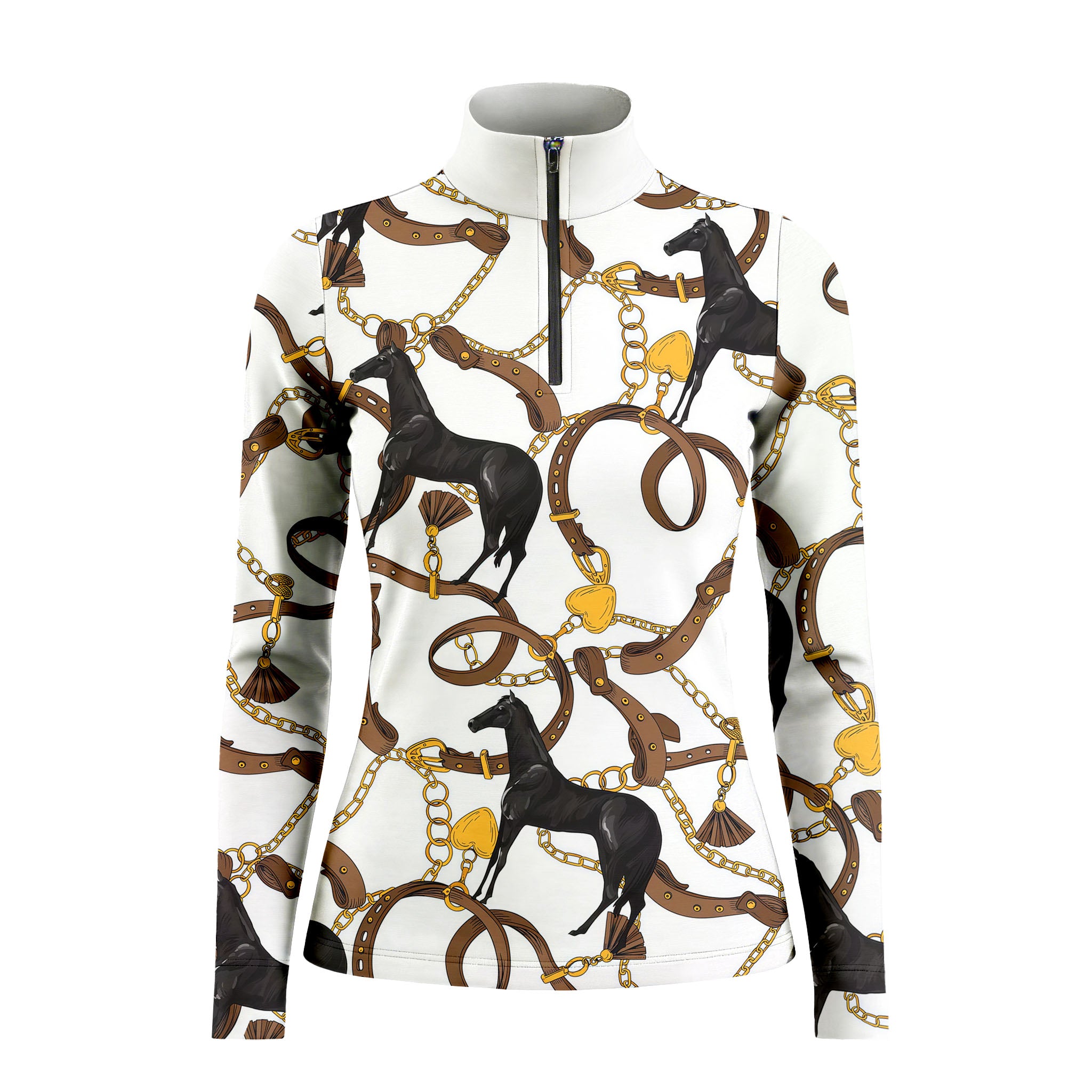 Model leaning against light grey stable wall beside chestnut horse wearing bright white heritage equestrian hardware long sleeve riding top
