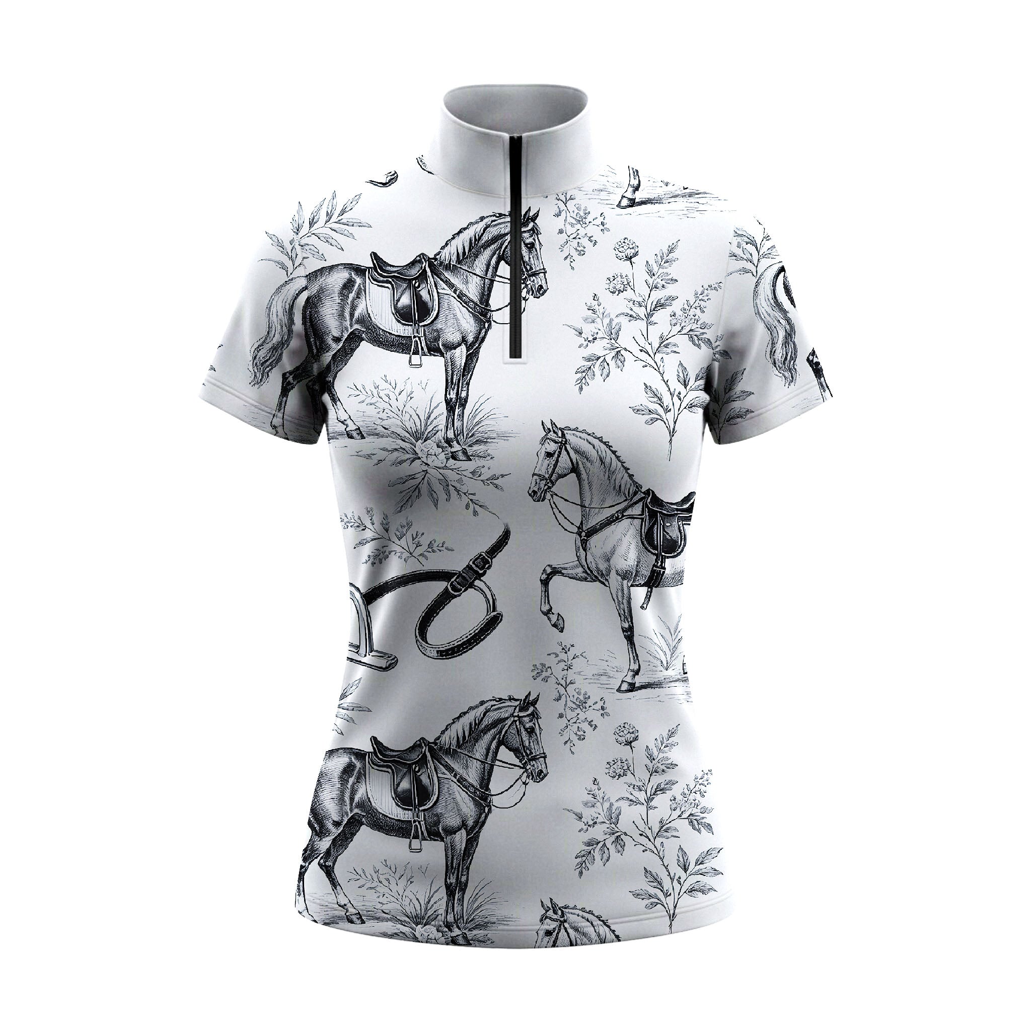 White background studio shot of white vintage toile horse & tack print short sleeve quarter zip riding top