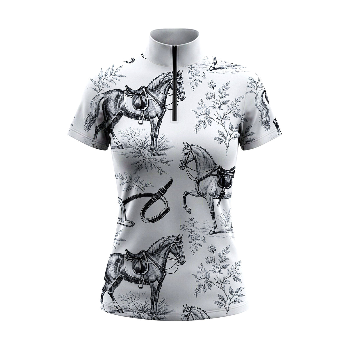 White background studio shot of white vintage toile horse & tack print short sleeve quarter zip riding top