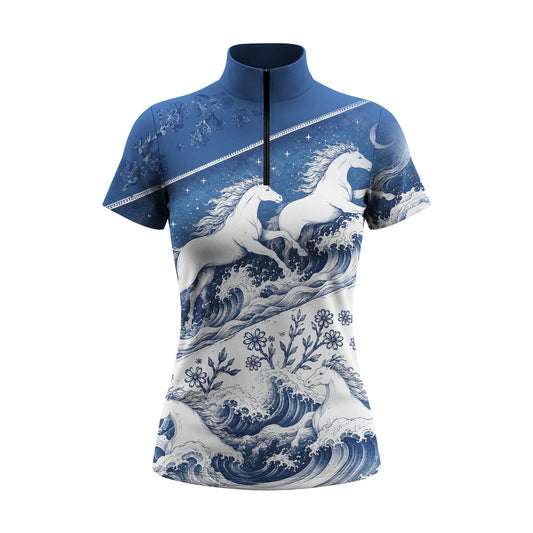 White background studio shot of blue & white woodblock wave & horse short sleeve quarter zip riding top