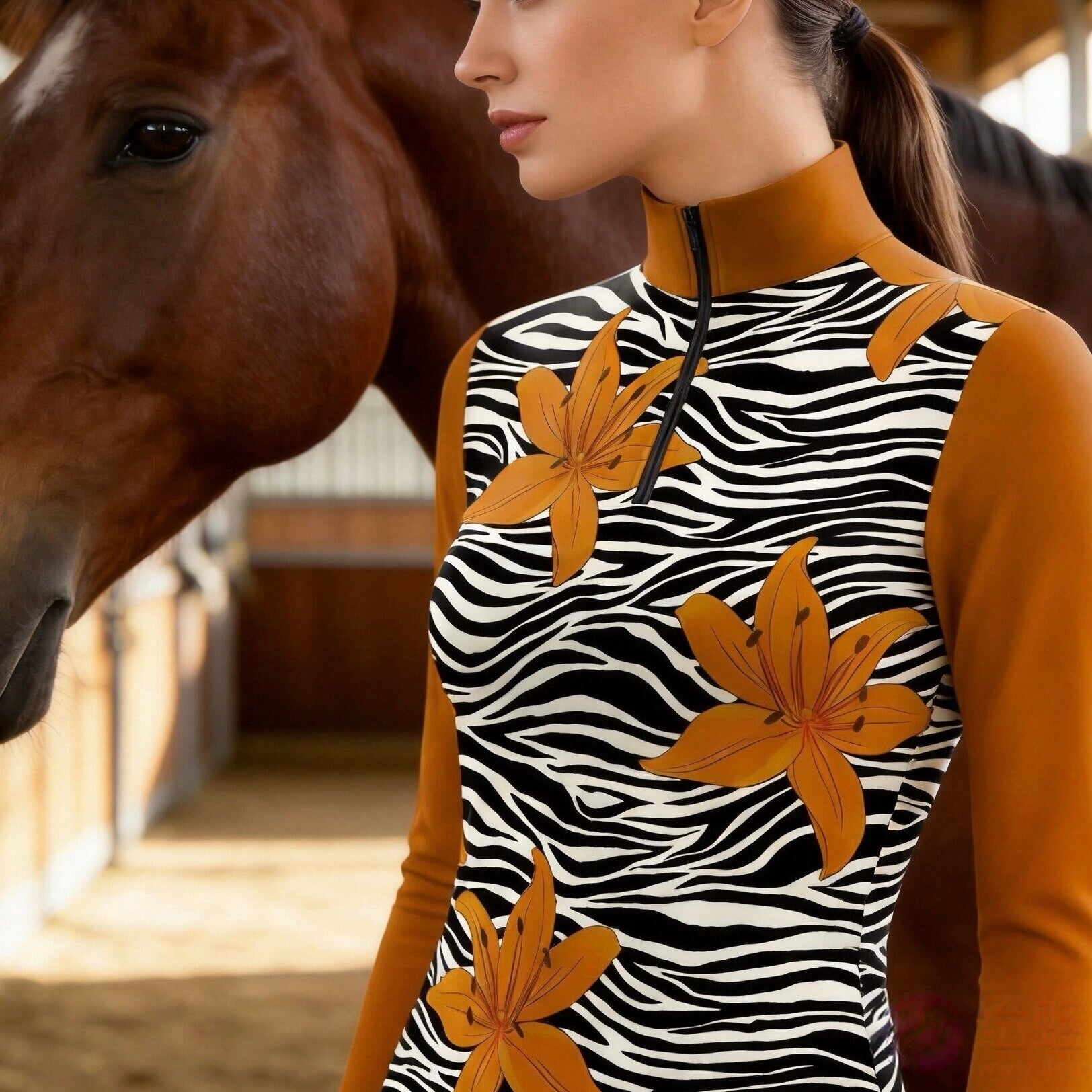 Close-up side portrait of the model beside a horse inside a timber stable showcasing zebra stripe lily floral print detailing
