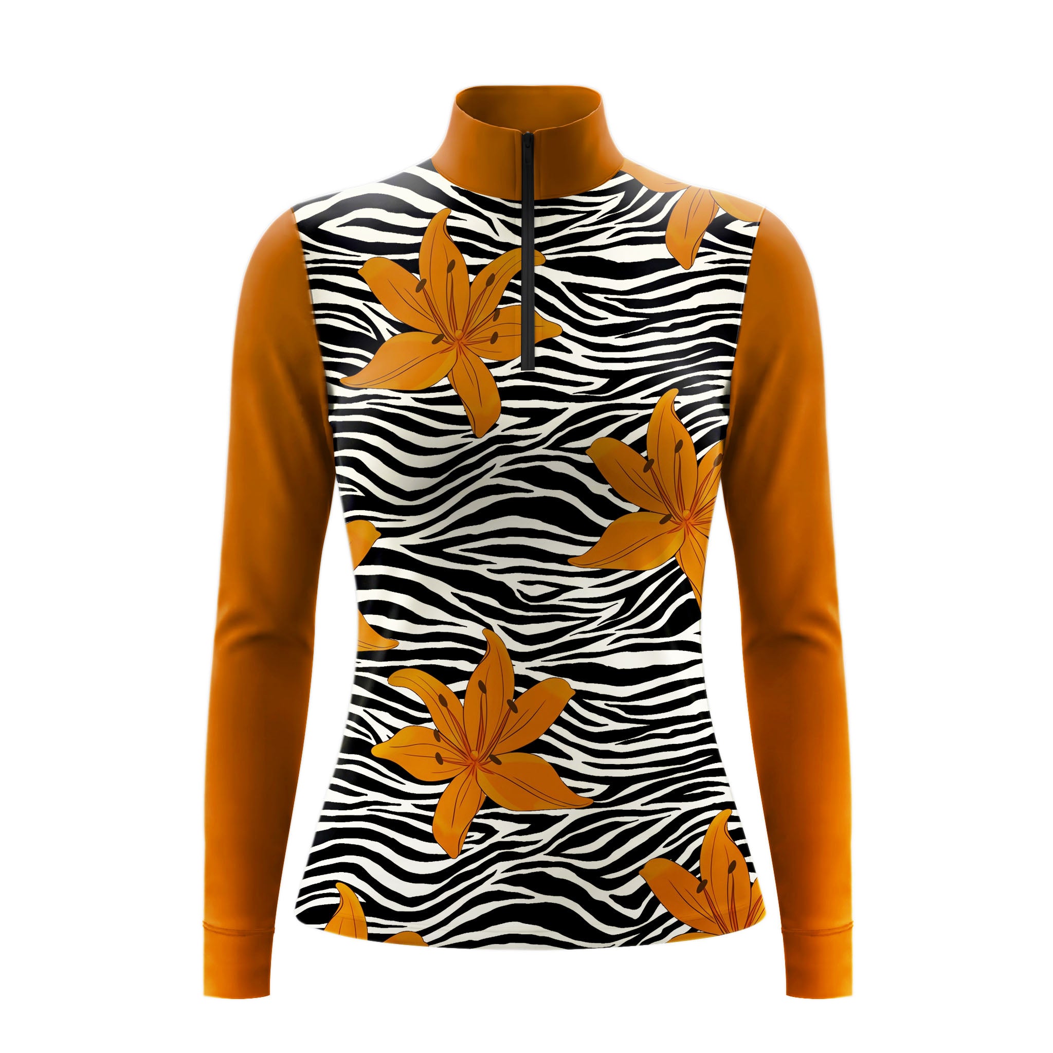 Side profile model leaning on white pasture fence wearing safari zebra lily riding top during warm sunset lighting

