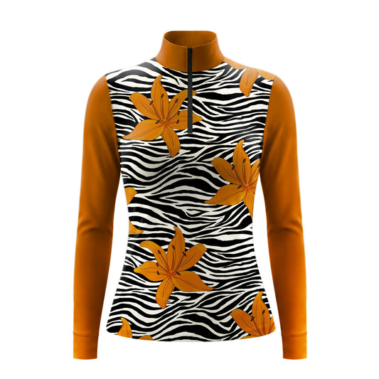 Side profile model leaning on white pasture fence wearing safari zebra lily riding top during warm sunset lighting

