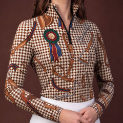 Clean white background studio product mockup of dark charcoal long‑sleeve quarter‑zip riding top showcasing vintage golden equestrian tack, zebra stripe and leopard spot all‑over mixed‑motif print