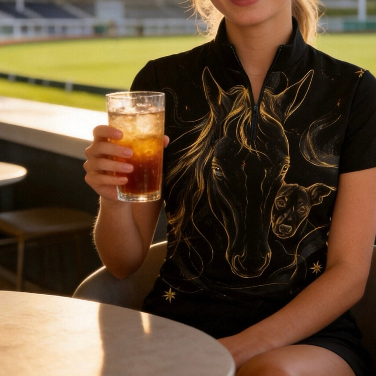 Lifestyle shot of female rider seated at racetrack venue wearing black short‑sleeve riding top with golden horse‑whippet celestial star graphic print