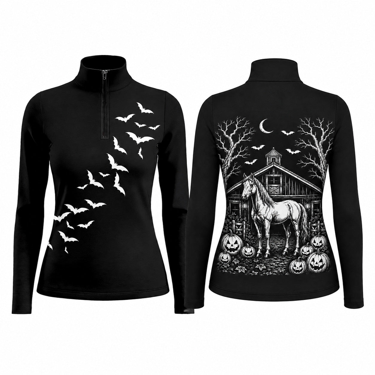Barn fence lifestyle shot of two female equestrians, one showing back Halloween barn horse pumpkin print, other showing front bat silhouette on black long‑sleeve quarter‑zip riding top with white breeches and black riding gloves