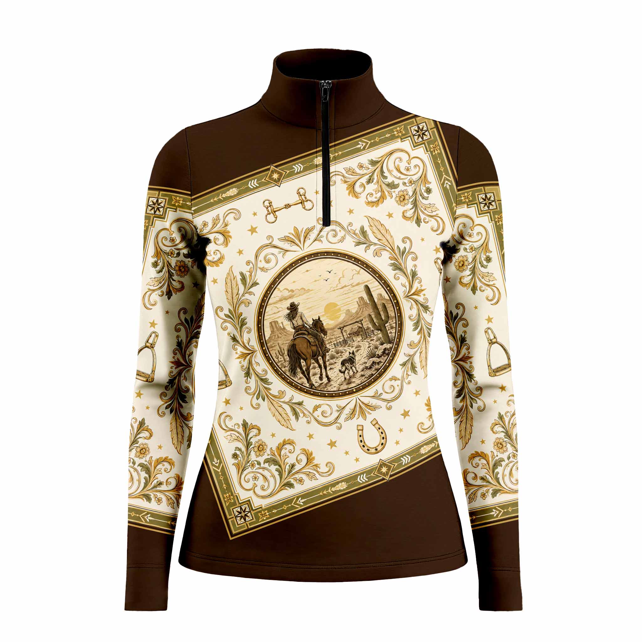 Clean white background studio product mockup of cream‑black color‑block quarter‑zip long‑sleeve riding top with exclusive ink‑wash brush‑stroke floral print