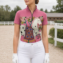 RIDER ATELIER Folk Art Horse Print Short-Sleeve Quarter-Zip Riding Top