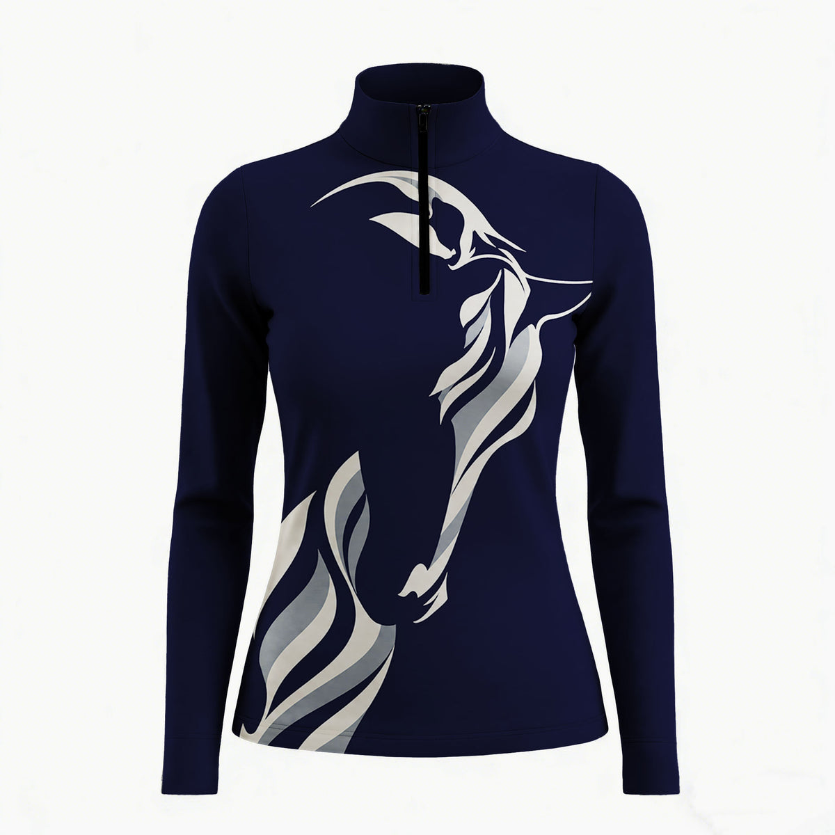 Navy long sleeve quarter zip riding top with white and light gray abstract horse print across the front