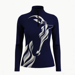 Navy long sleeve quarter zip riding top with white and light gray abstract horse print across the front