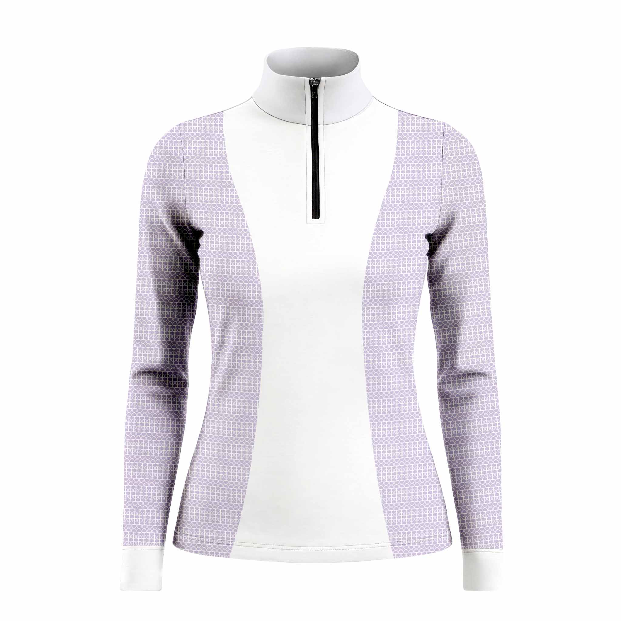 Sunset outdoor lifestyle shot of female equestrian wearing lavender side‑spliced long‑sleeve riding top with white central panel and fence‑grid geometric print