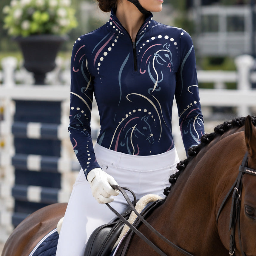 Studio white‑background product mockup of women’s navy‑blue base pastel multi‑line‑art abstract horse‑head all‑over‑print long‑sleeve quarter‑zip riding top