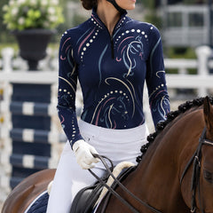 Studio white‑background product mockup of women’s navy‑blue base pastel multi‑line‑art abstract horse‑head all‑over‑print long‑sleeve quarter‑zip riding top