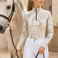 Navy‑Blue Base Pastel Multi‑Line‑Art Abstract Horse Head All‑Over Print Long‑Sleeve Quarter‑Zip Riding Top