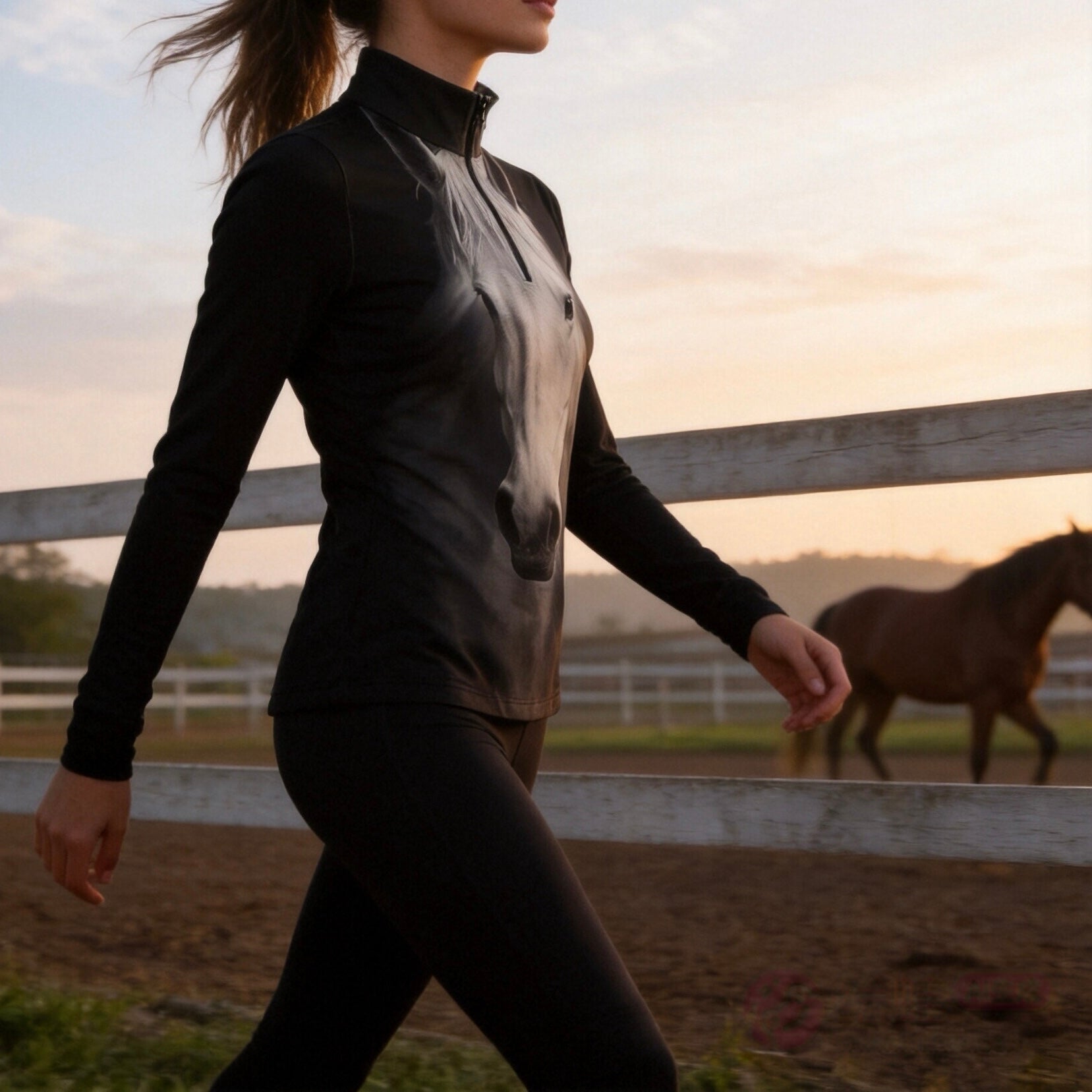 Sunset paddock lifestyle shot of female rider walking along wooden fence wearing black long‑sleeve riding top with monochrome white horse‑head graphic