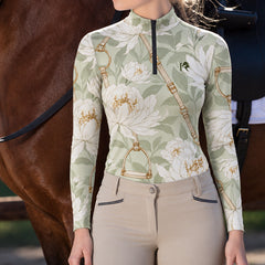 Close up front view of the riding top worn paired with beige riding breeches