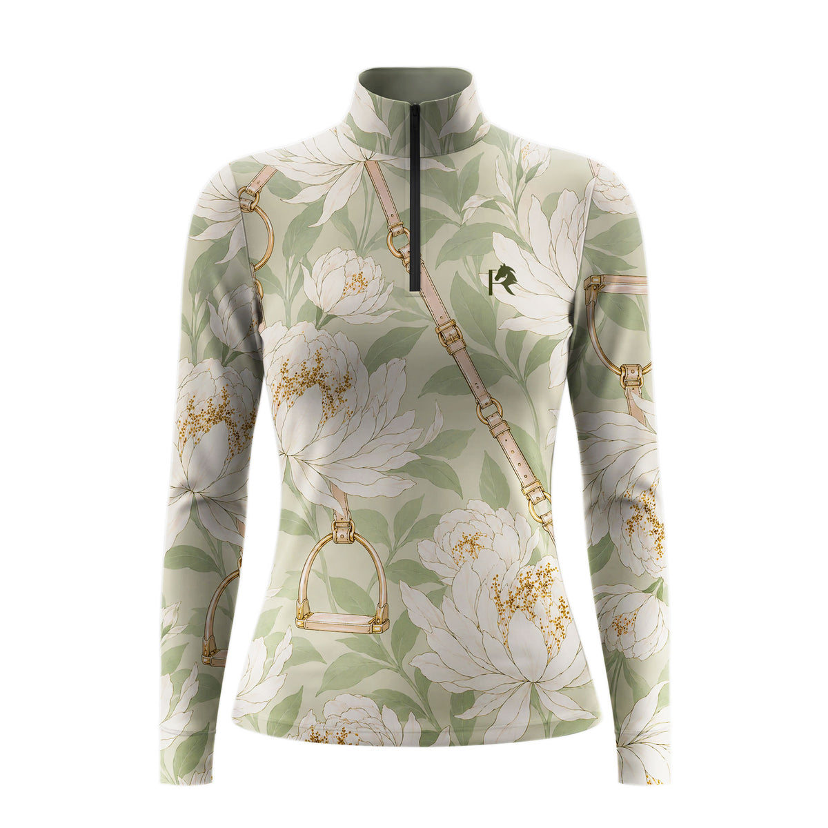 Full front studio shot of women's beige Long Sleeve Quarter Zip riding top