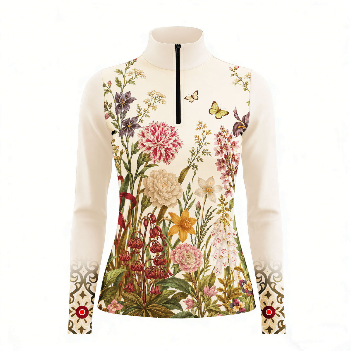 Studio front view of the beige floral quarter zip riding top on plain white background
