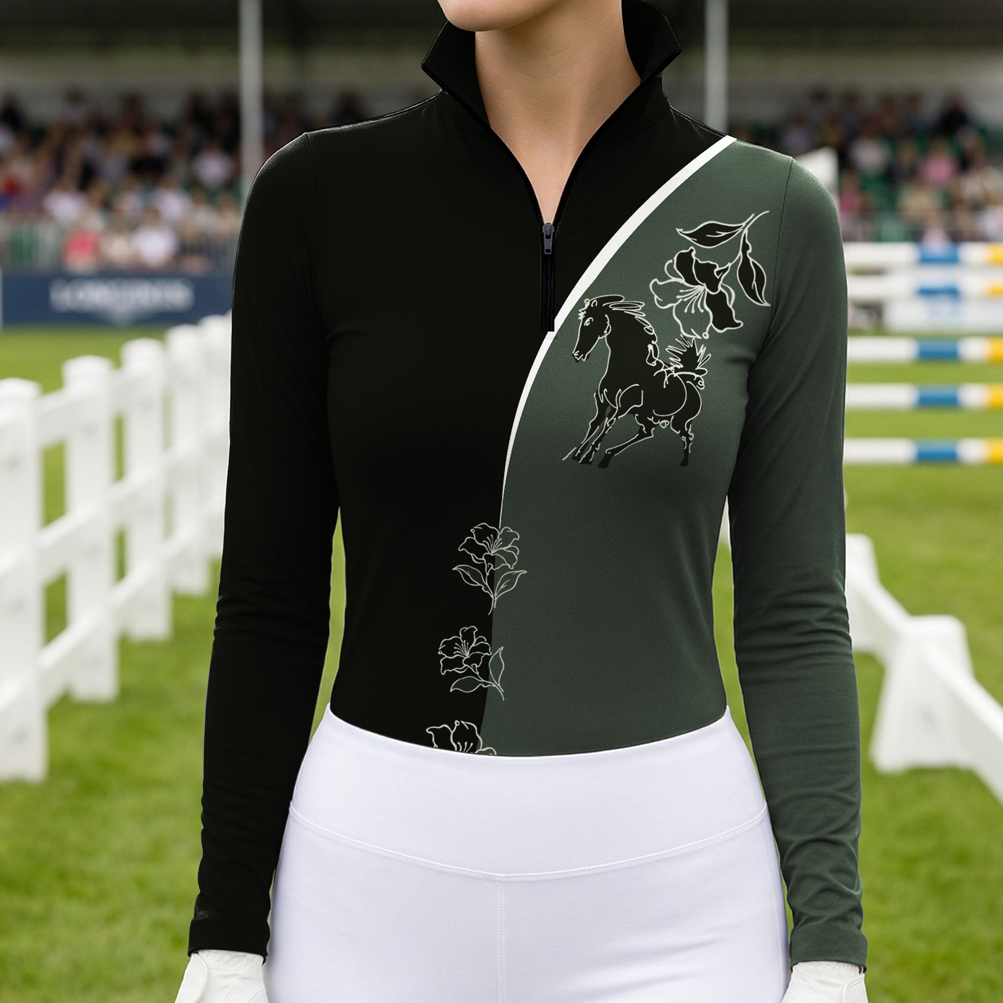 Close up of the black and dark green color block riding top showing the white outlined horse and floral print, stand up collar and stitched sleeve cuffs