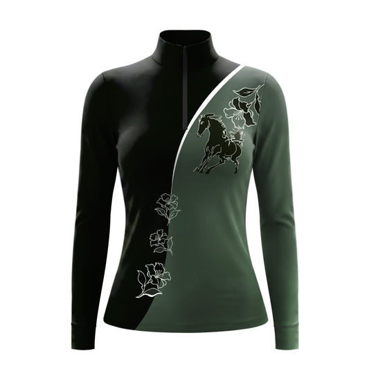 Front view of a black and dark green color block long sleeve quarter zip riding top with a white outlined horse and floral print