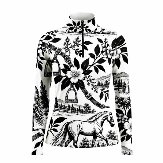Studio front flat lay of the black and white horse floral quarter zip riding top on a white background