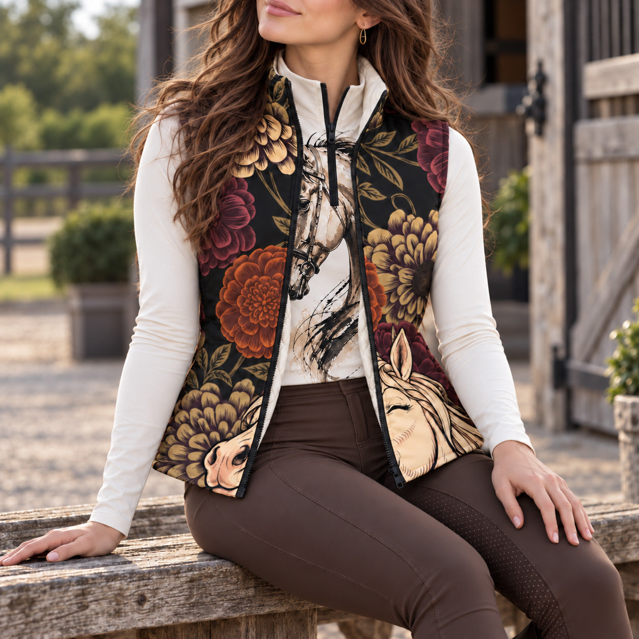 Woman in a black floral horse print quilted vest and brown riding breeches standing with a chestnut horse