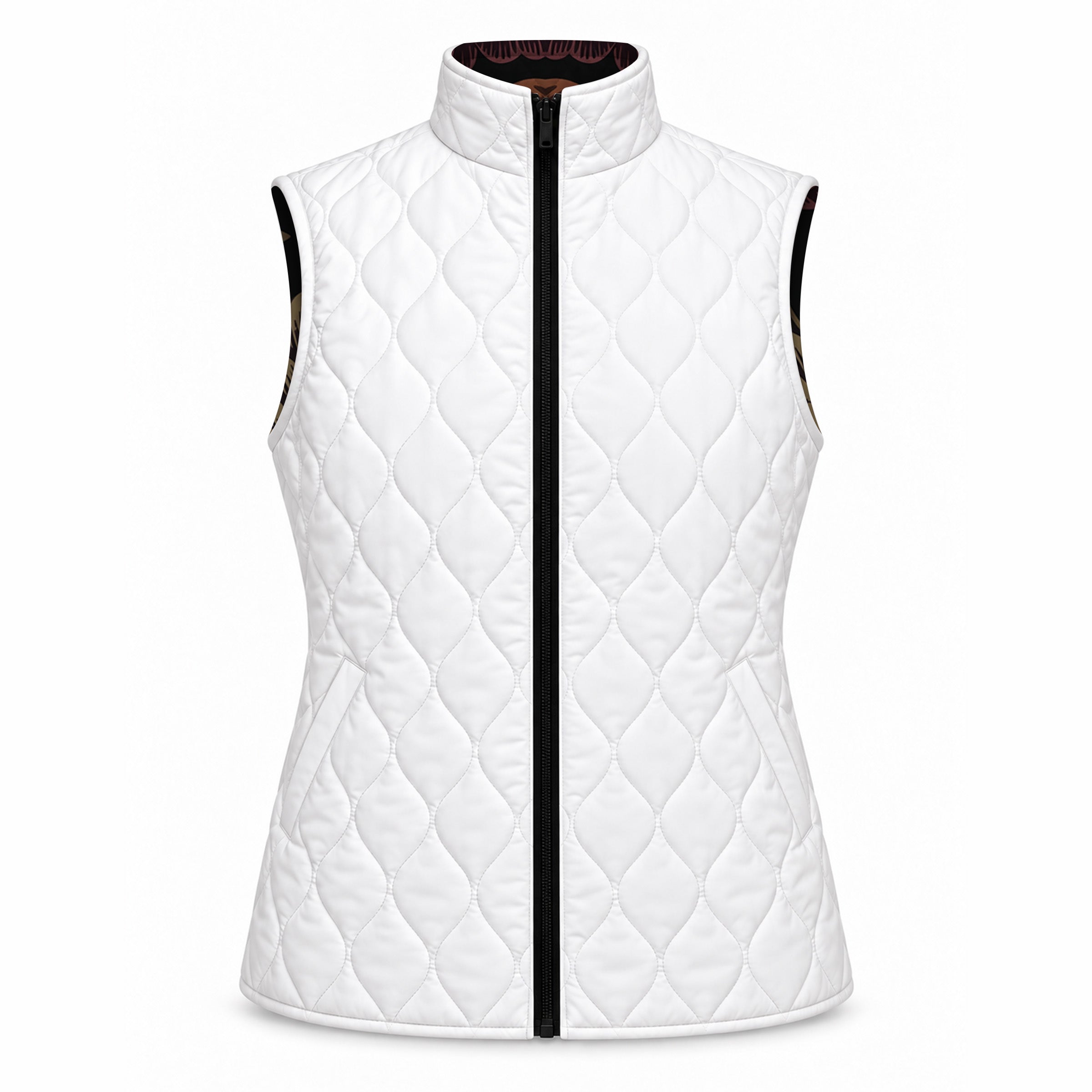 White diamond quilted side of the reversible vest with two diagonal side entry pockets at the lower front