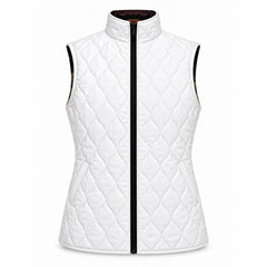 White diamond quilted side of the reversible vest with two diagonal side entry pockets at the lower front