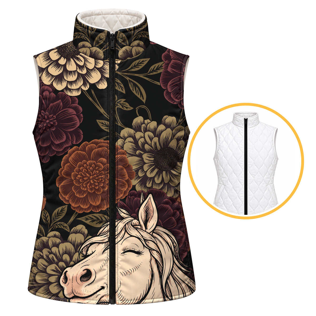 Black reversible quilted equestrian vest with multi colored flowers and a smiling light colored horse head at the lower front