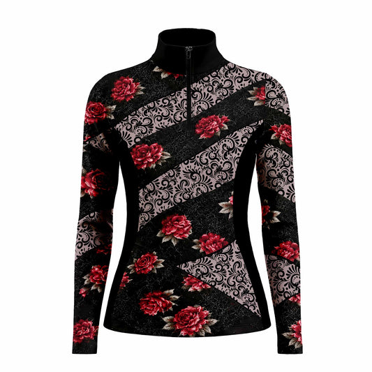 Flat studio front view of the black floral scrollwork long sleeve quarter zip riding top on a white background