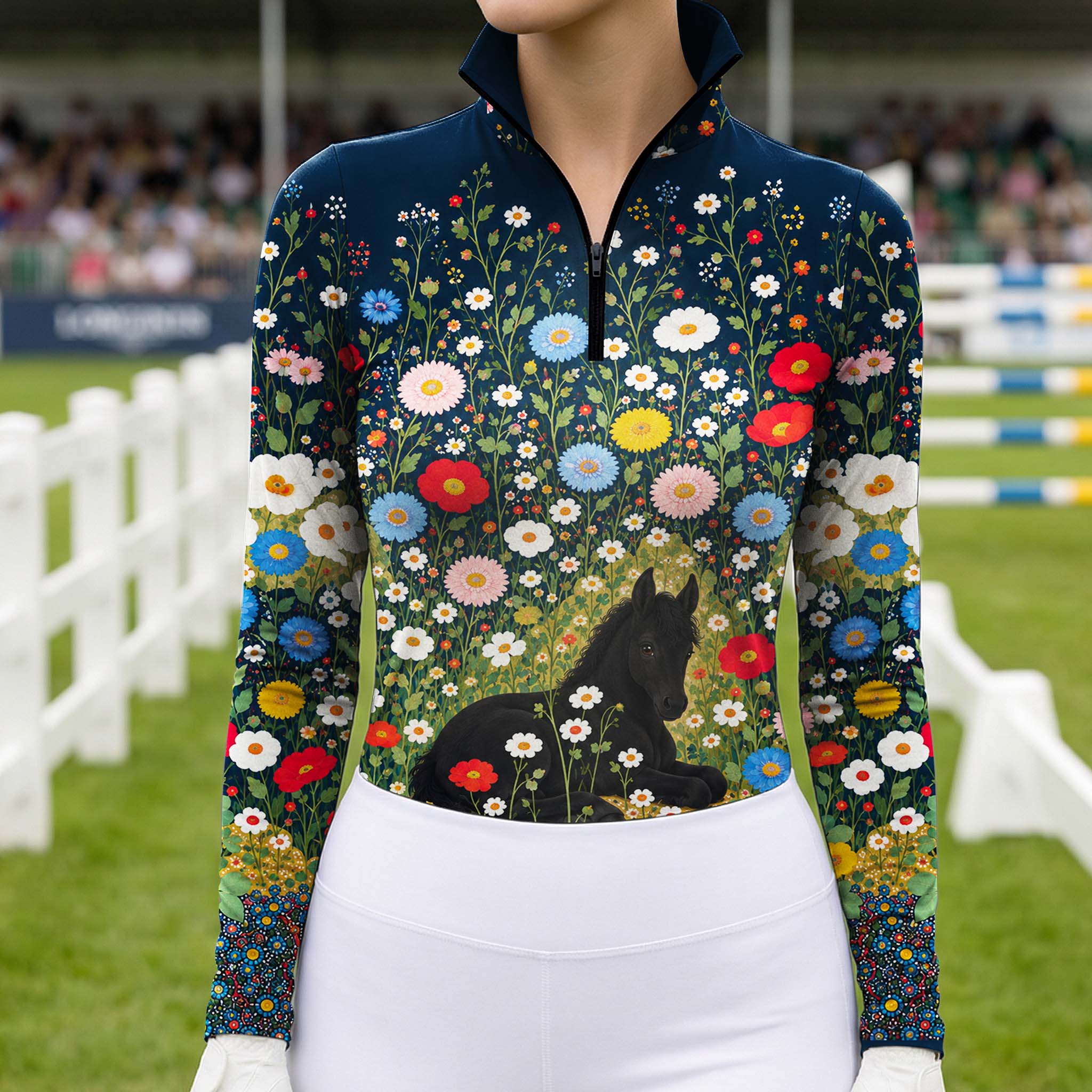 Model wearing the navy wildflower and foal print riding top with light breeches in an arena setting