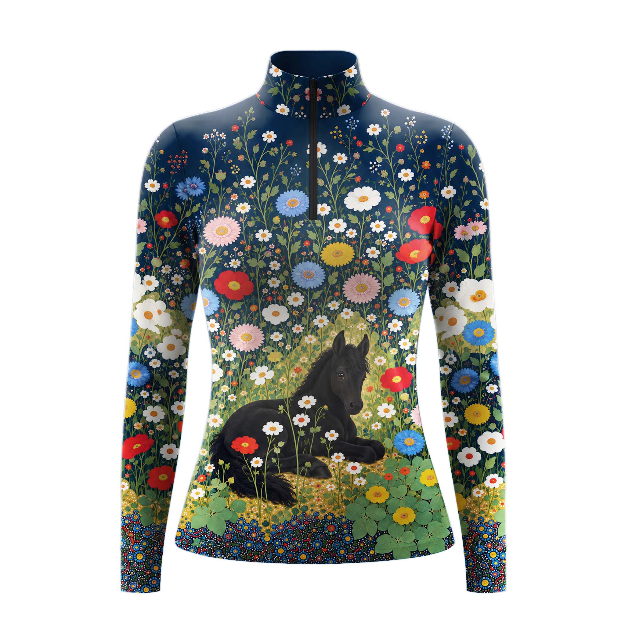 Navy long sleeve quarter zip riding top with a black foal and multicolored wildflower print