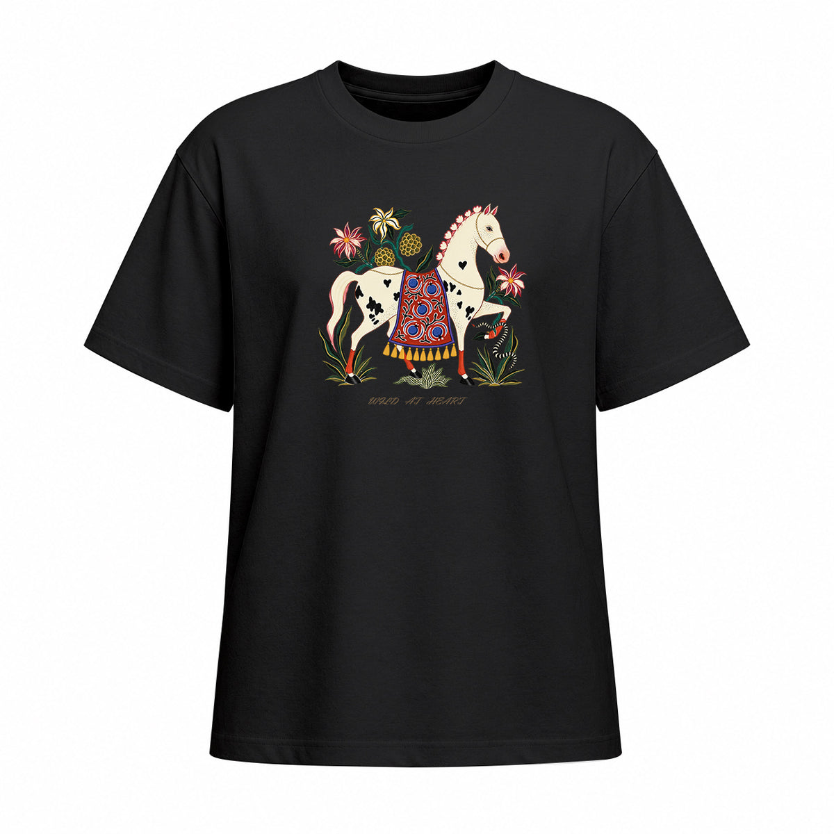 Front view of black short sleeve t shirt displaying the centered folk art horse graphic