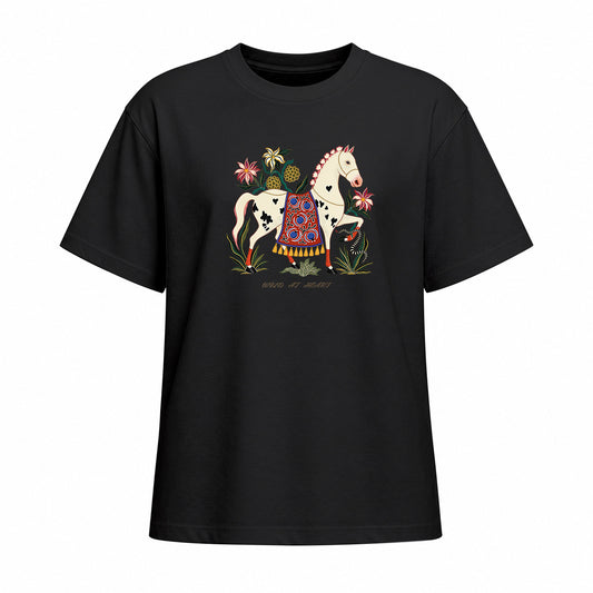 Front view of black short sleeve t shirt displaying the centered folk art horse graphic