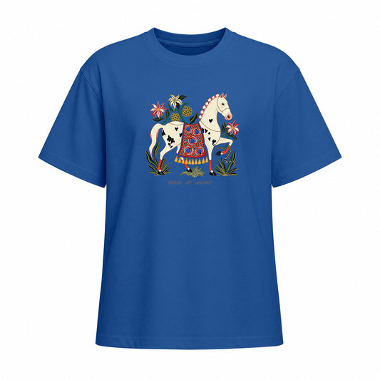 Front view of bright blue short sleeve t shirt displaying the centered folk art horse graphic