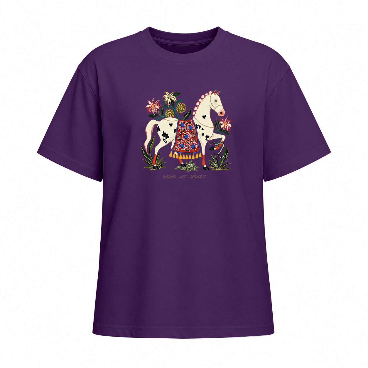 Front view of deep purple short sleeve t shirt displaying the centered folk art horse graphic