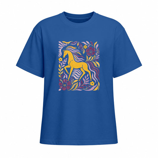 Front view of blue short sleeve t shirt displaying centered golden horse and floral folk art print
