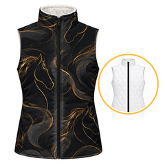 Black reversible quilted equestrian vest with gold horse head line art and swirl patterns