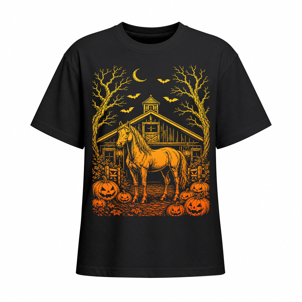 Black short sleeve t shirt displaying orange and yellow Halloween horse barn pumpkin front graphic