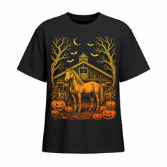 Black short sleeve t shirt displaying orange and yellow Halloween horse barn pumpkin front graphic