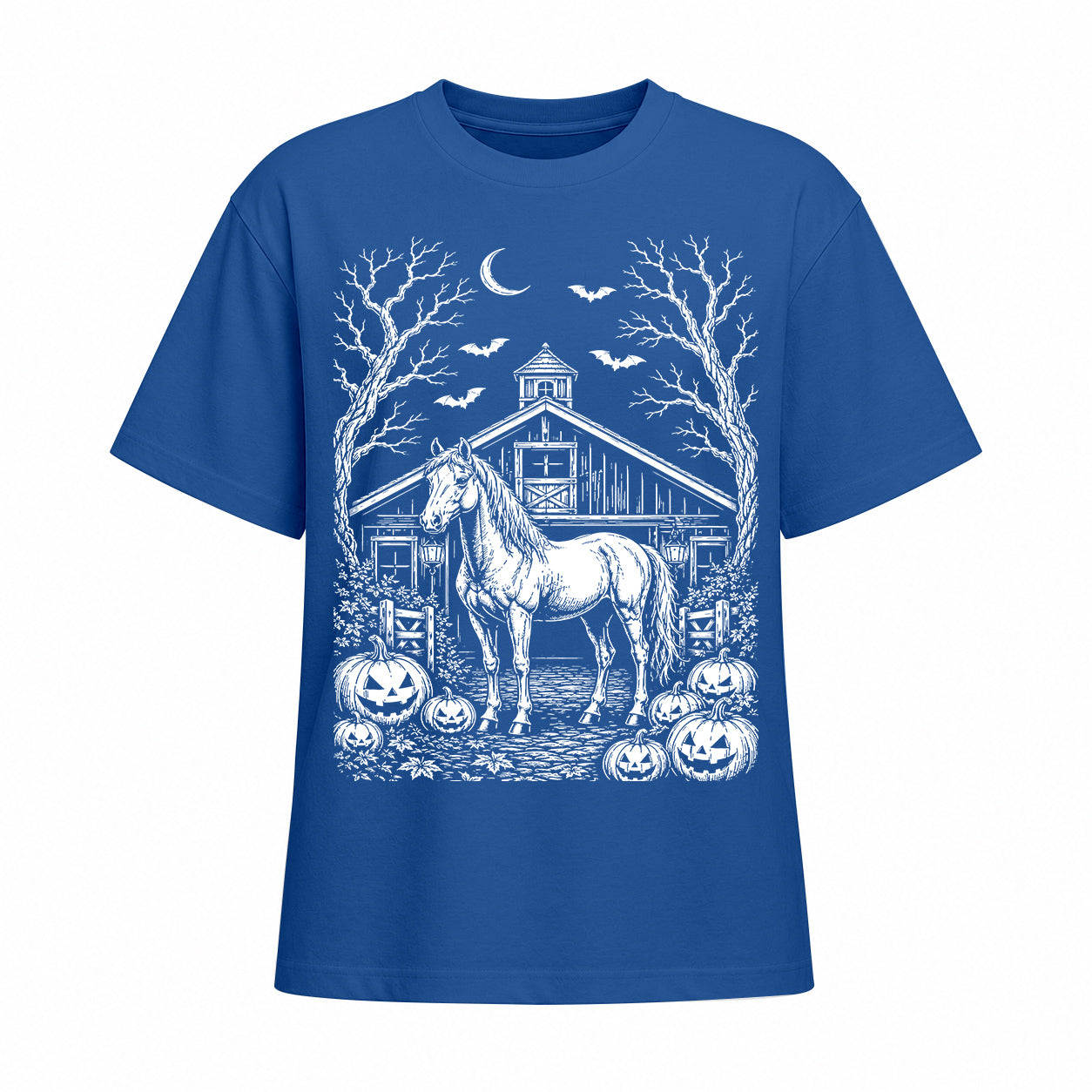 Blue short sleeve t shirt displaying white Halloween horse barn pumpkin front graphic