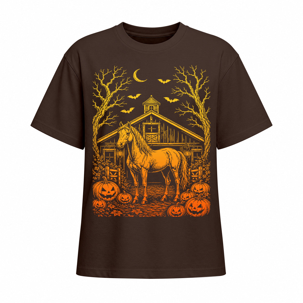Chocolate brown short sleeve t shirt displaying orange and yellow Halloween horse barn pumpkin front graphic