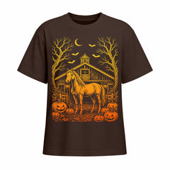 Chocolate brown short sleeve t shirt displaying orange and yellow Halloween horse barn pumpkin front graphic
