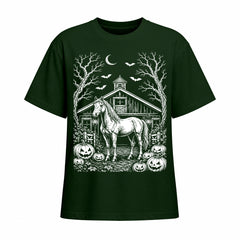 Forest green short sleeve t shirt displaying white Halloween horse barn pumpkin front graphic